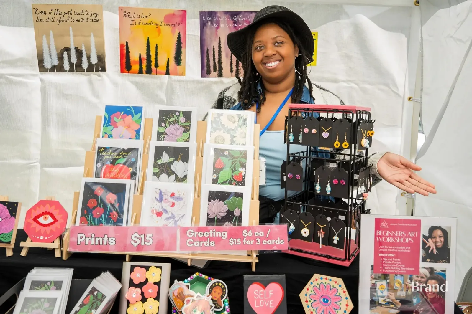 Artist showing prints and cards at her KeizerFEST vendor booth