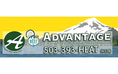 Advantage Heating & Air Conditioning logo, yellow sky, mountain, trees, and lake. 503-393-4328