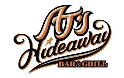 AJ's Hideaway Bar & Grill logo in swoopy font
