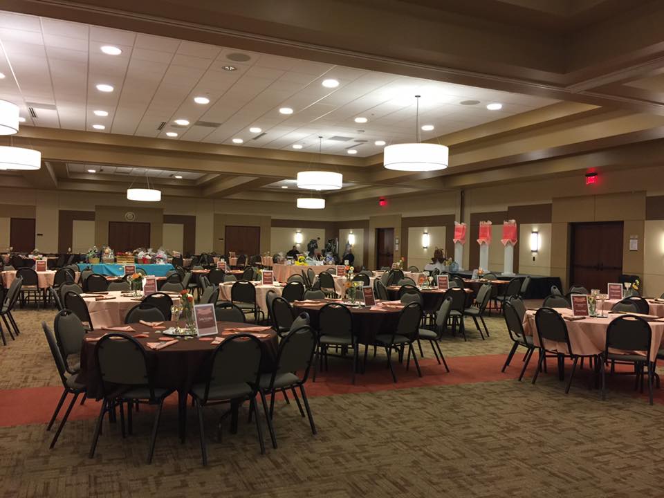 Keizer Civic Center with tables setup in pink and brown colors