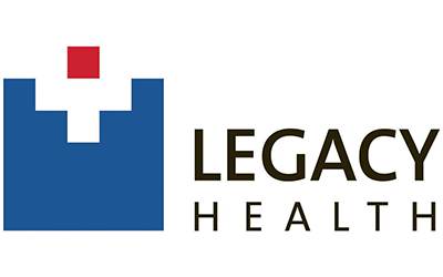 Legacy Health logo, blue blocks forming tower with red block at pinnacle