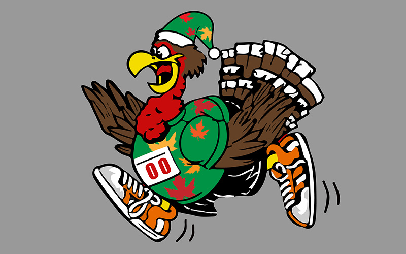 Turkey wearing a hat, tshirt, and shoes running