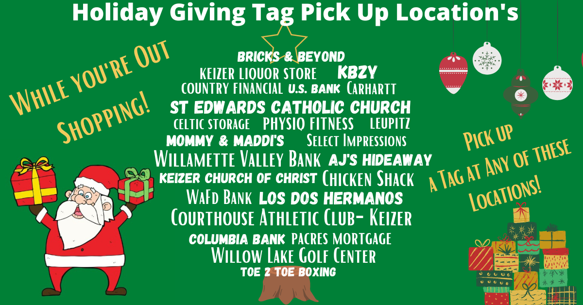 2022 K.N.O.W. Holiday Giving Basket Program flyer - green background, santa and gifts plus all of the businesses who have tags.
