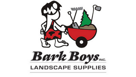 Bark Boys Landscape Supplies logo red green black - cartoon caveman with wheelbarrow filled with dirt tree, tools
