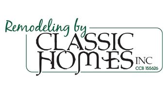 Remodeling by Classic Homes, Inc. Logo green and black lettering, cursive and classic lettering