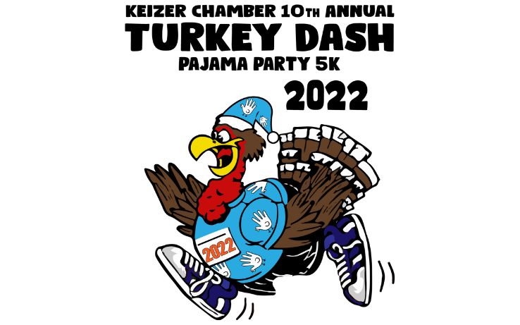 Keizer Chamber 10th Annual Turkey Dash Pajama Party 5k 2022 Logo - Turkey dressed in dky blue shirt and santa cap while running