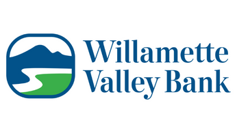Willamette Valley Bank Logo with simple graphic of green valley, white river, dark blue mountain. Text in Dark Blue