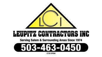 Leupitz Contractors Inc. Logo - Yellow LCI triangle with black border, black lettering. "Serving Salem & Surrounding Areas Since 1974. PHone 503-463-0450 and CCB#
