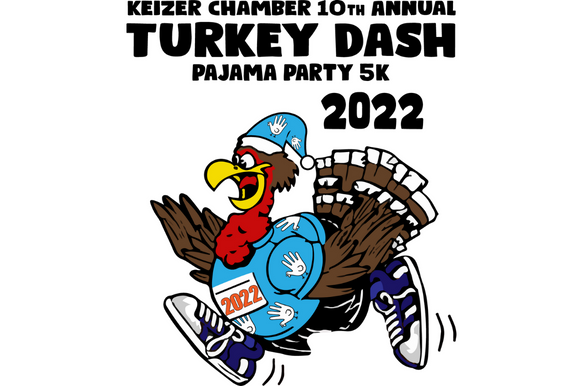 Keizer Chamber 10th Annual Turkey Dash Pajama Party 5k 2022 Turkey dressed in sneakers, shirt, and blue santa hat while running