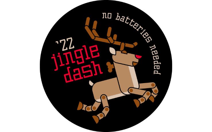 '22 Jingle Dash - no batteries needed logo -red-nosed reindeer built like a paper doll with articulated arms