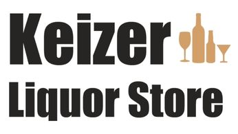 Keizer Liquor Store Logo - black letterswith wine glass, wine bottle, beer bottle, and martini glasses lined up in gold