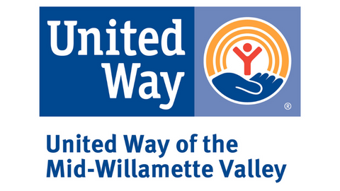 United Way of the Mid-Willamette Valley Logo - Dark and light blue with white and blue text - circle with blue hand holding orange stick person with yellow-orange rainbow around the top of the circle