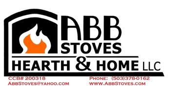 ABB Stoves Heart & Home, LLC Logo - black text, black fireplace simple logo with orange flame.