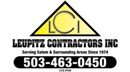 Leupitz Contractors Inc. Logo - Yellow LCI triangle with black border, black lettering. "Serving Salem & Surrounding Areas Since 1974. PHone 503-463-0450 and CCB#