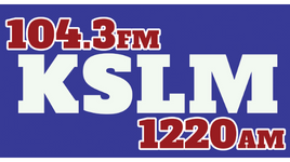 KSLM 104.3fm and 1220AM Radio Logo - White KSLM and Red call sign letters USA blue background