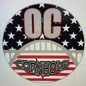 OC Cornhole - patriotic red white and blue - flag background in circle