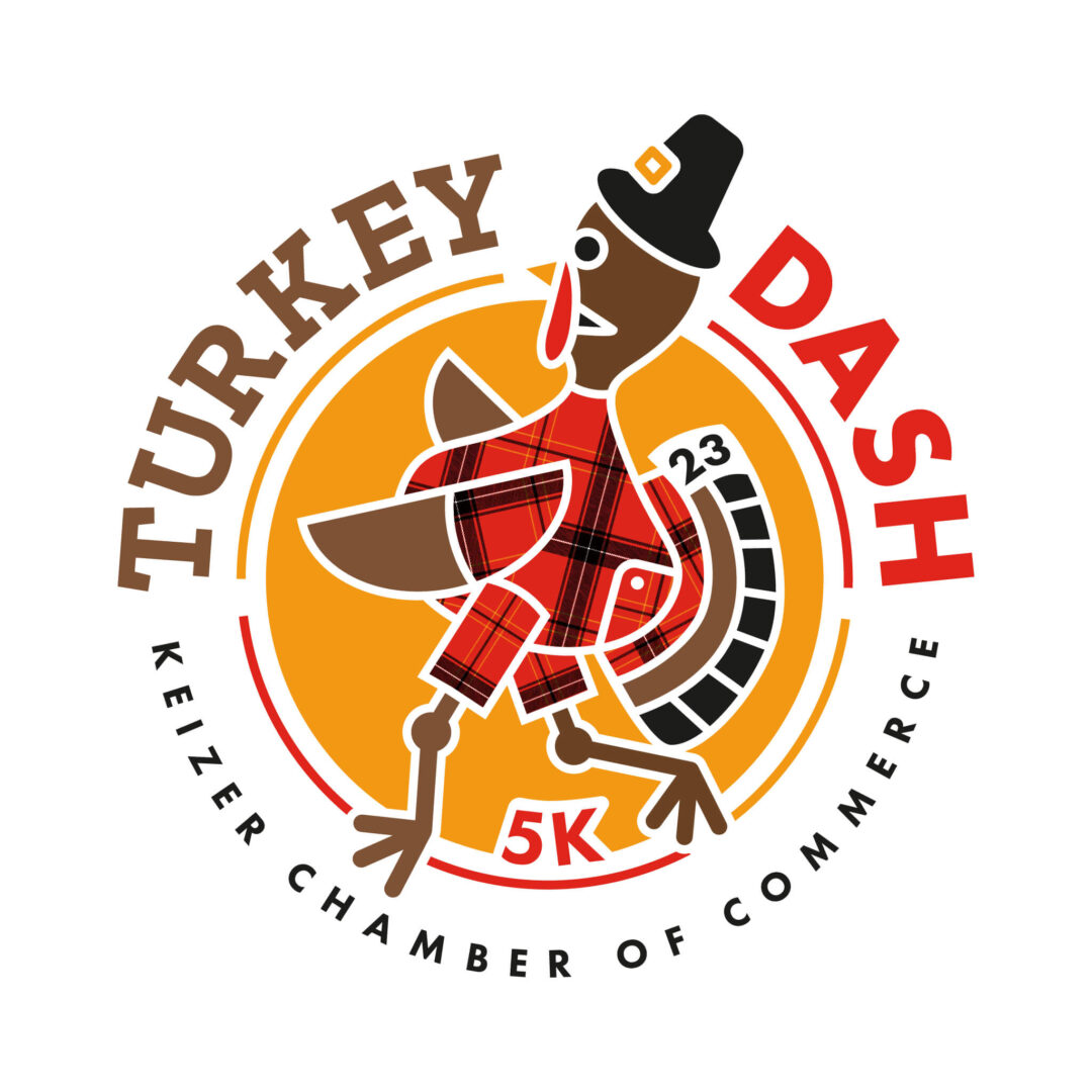 Keizer Chamber 11th Annual Turkey Dash 5k 2022 Logo - Turkey dressed in plaid and a black pilgrim hat