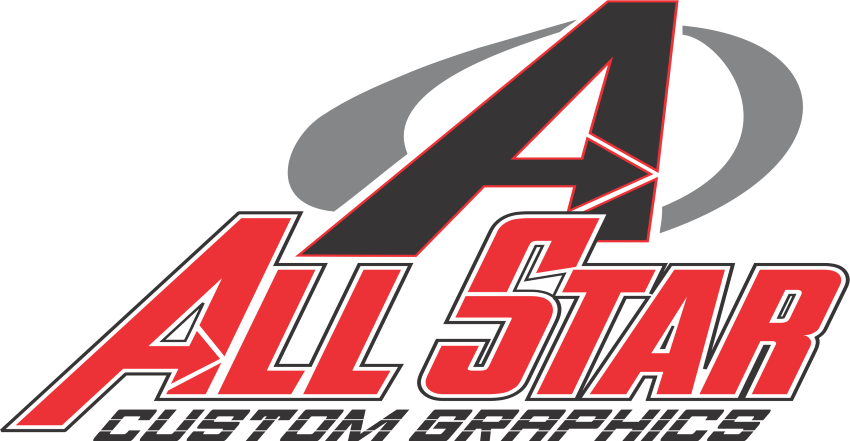 All Star Custom Graphics logo - grey, black and red.