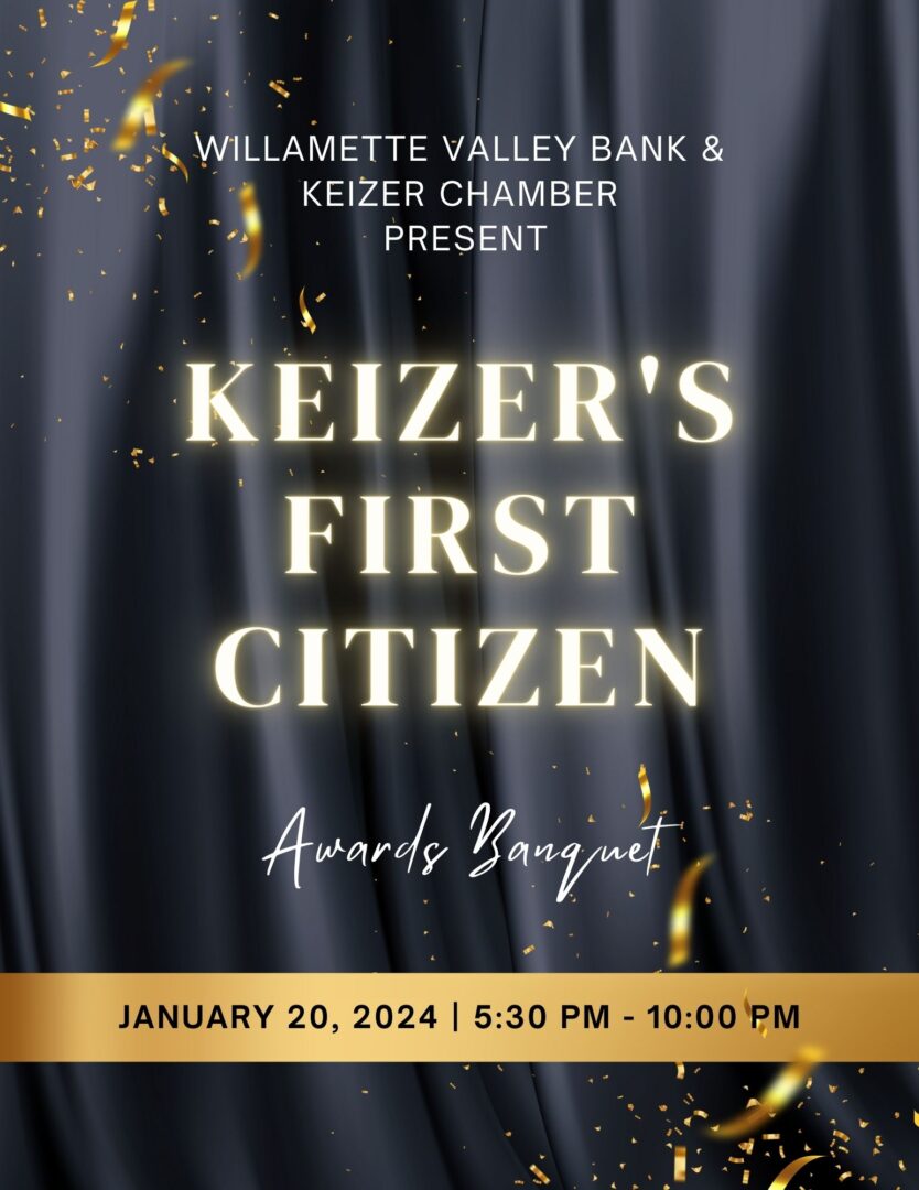Keizer First Citizen Award Banquet Flyer for Jan 21, 2023 Black stage curtains with gold confetti pouring down 2024
