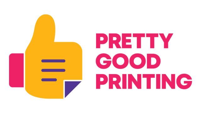 pretty good printing logo pink yellow purple with thumbs up