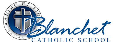 Blanchet Catholic School Logo - Blues and Greys - circle graphic with Blue Cross on Silver shield 