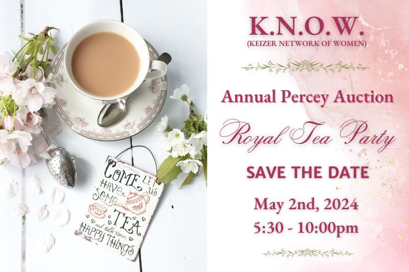2024 Annual Percey Auction Flyer - pink, dark pink, Teacup shabby chic table setting - "Royal Tea Party, Save the Date - May 2nd, 2024"