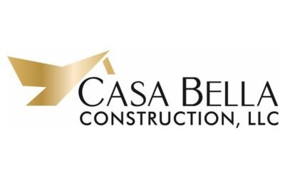 Casa Bella Construction, LLC in black - Logo includes gold hombre partial multi-faceted roof