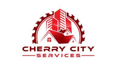 cherry city services - sky scrapers + residential home inside of a circular saw - all in red and brick red - with Cherry City Services below the graphic