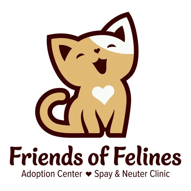 friends of felines logo - yellowish tan and brown cat with white heart on chest - Adoption Center; Spay and Neuter Clinic
