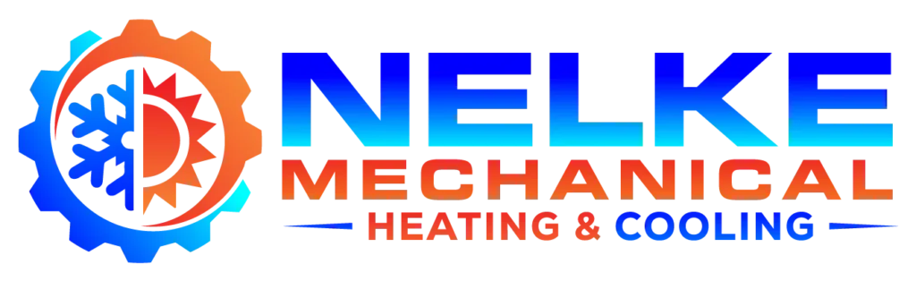 Nelke Mechanical Heating & Cooling - logo - ombre bright blue and orange letters with gear icon / snow/sun to left of words