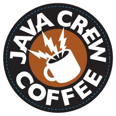 Java Crew Logo -Inner brown circle with coffee cub and lightning zaps - outer black circle with white letters Java Crew Coffee