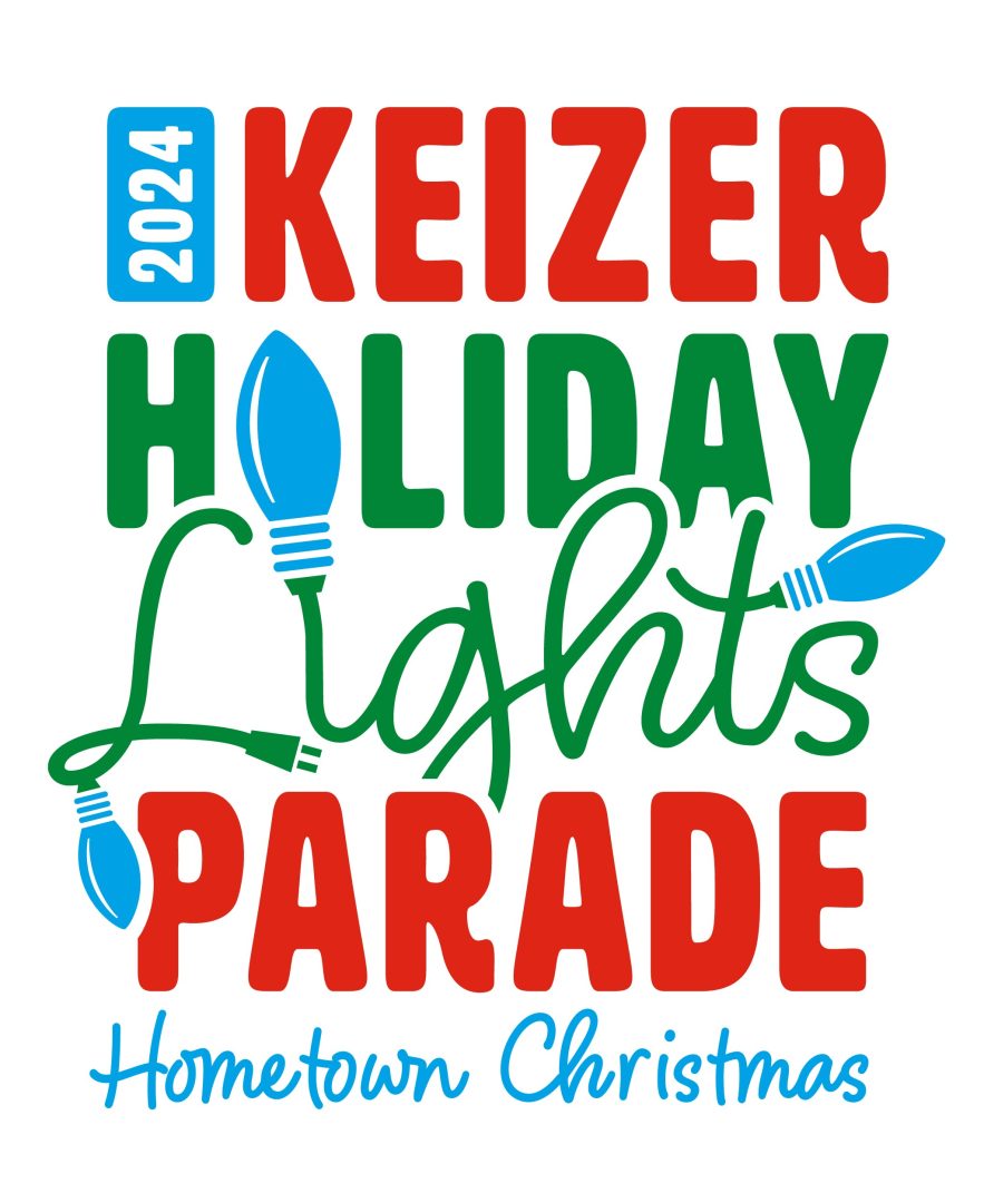 2024 Keizer Holiday Lights parade Logo "Hometown Christmas" Theme - Red Green, and blue - Lights are like christmas tree lights 