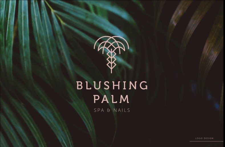 Blushing Palm Logo - Black background with palm fronds and palm tree icon above the text Blushing Palm in thin white letters - all caps