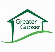 Greater Gubser Neighborhood association logo - line drawn house in drark green on a side hill shown as a green line