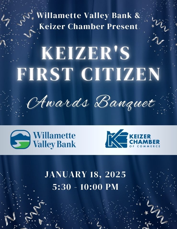 Keizer's First Citizen Awards Banquet Announcement - Presented by Willamette Valley Bank and Keizer Chamber - blue stage background curtain with white glowing letters - January 18th, 2024; 5:30pm - 9:00pm