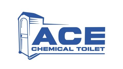 Ace Chemical Toilet Logo - Line drawing of a chemical toilet to left of Blue letters - ACE all caps and Chemical Toilet below in smaller caps