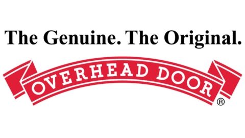 Overhead Door Logo - white text all caps on ribbon banner of red - above it states "The Genuine. The Original." in black