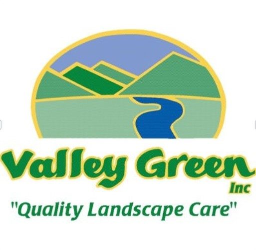 Valley Green, Inc. Logo - Quality Landscape Care<br />
Sunset shaped icon showing 4 mountains and river green, blue