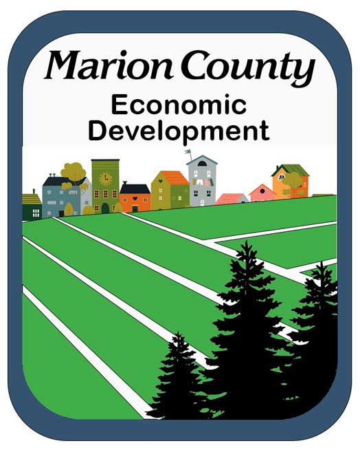 Marion County Economic Development Logo - foreground - 3 fir trees, middle - green fields with white stripes separating rows, background - various color buildings and industry buildings in all shapes and sizes - reminds you of vermont style buildings - graphically represented