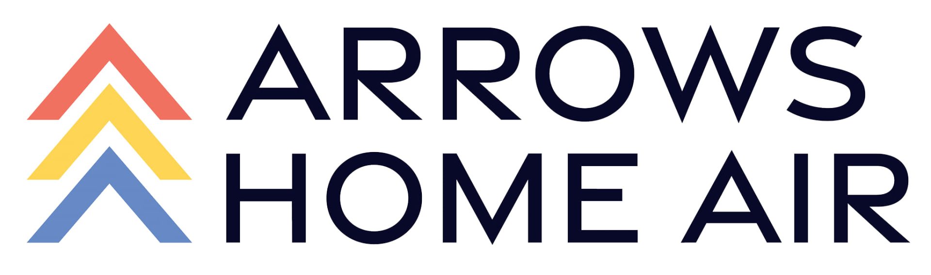 Arrows Home Air Logo - three arrows to the left in blue, yellow, and light orange - with arrows home air on two lines to the right in black all cap letters<br />
