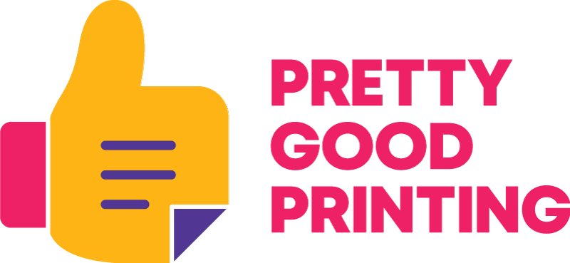 Pretty Good Printing Logo - Bright Pink letters with Yellow, Pink and Purple thumbs up that also looks like a piece of paper