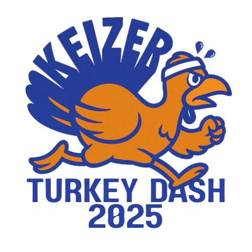 2024 Keizer Chamber Annual Turkey Dash 5k Turkey dressed in plaid and a black pilgrim hat