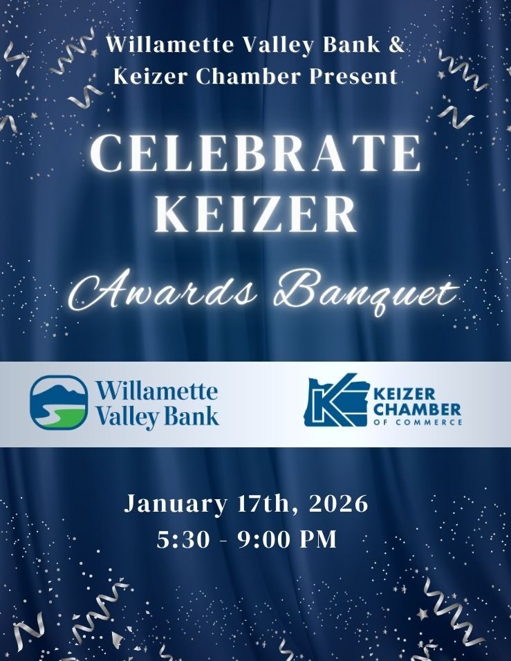 Keizer's First Citizen Awards Banquet Announcement - Presented by Willamette Valley Bank and Keizer Chamber - blue stage background curtain with white glowing letters - January 18th, 2025; 5:30pm - 9:00pm