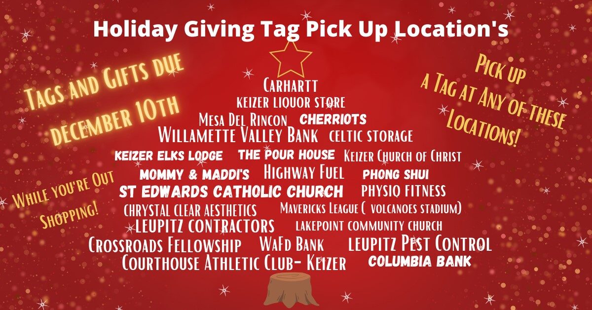 KNOW Giving Baskets 2024 - Christmas Green background with ornaments hanging from top lef tand right. Holiday Gift Tags - While you're out Shopping! Pick up a Tag at Any location! Santa holding up gift, stack of presents in muted Christmas colors - Sponsors: Salem Health, United Way and Keizer Chamber. Locations: Leupitz Pest Control, Keizer Elks, Leupitz Contractors, Carhart, Willamette Valley Bank, AJ's HIdeaway Bar and Grill, Phong Shui Nails, Highway Fuel, US Bank, Courthouse Athletic Club - Keizer, Chrystal Clear Aesthetics Physiq Keizer Liquor Store Mommy & Maddi's Mesa Del Rincon Mirage Optics & Eyewear St Edwards Catholic Church Lakepoint Community Church Cherriots Celtic Storage Liberty House, All Stars Bar & Grill, The View Restaurant & Lounge