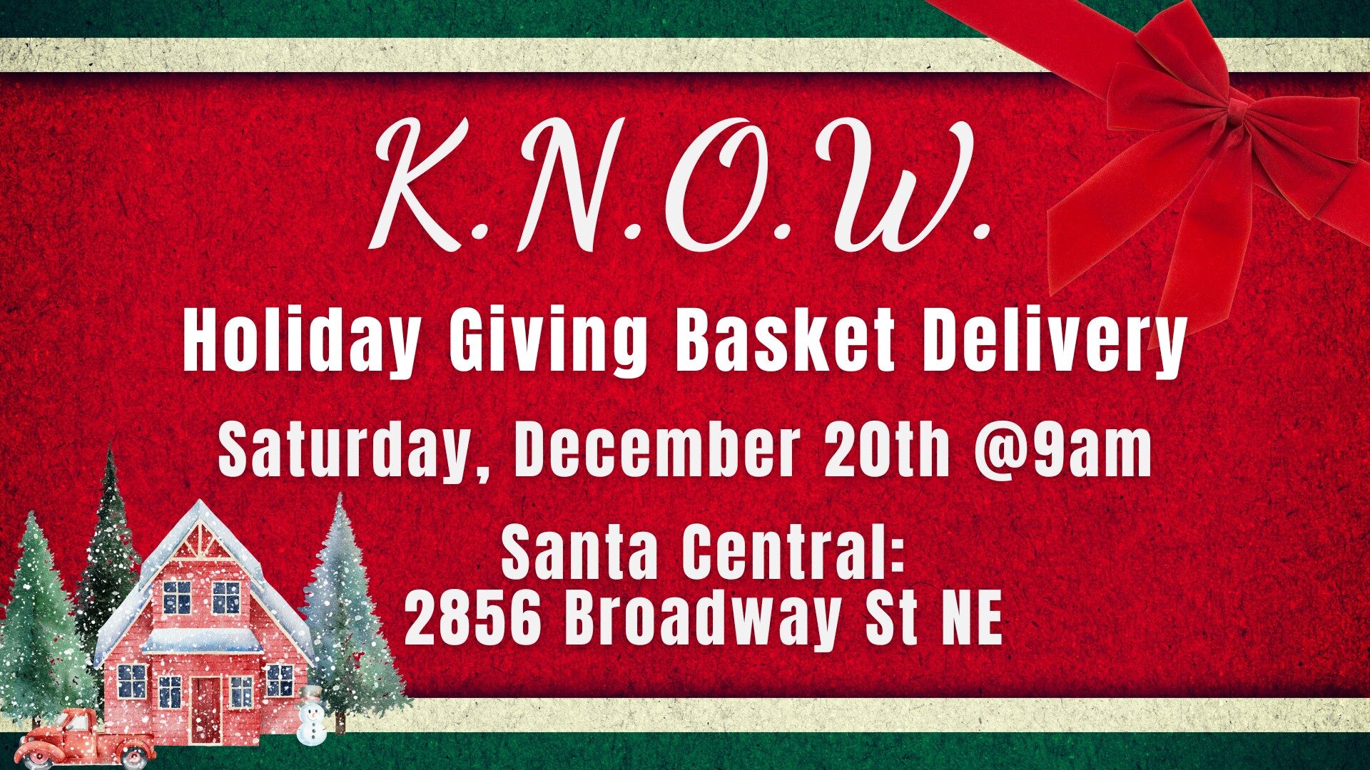 KNOW Giving Baskets 2024 - Christmas Green background with ornaments hanging from top lef tand right. Holiday Gift Tags - While you're out Shopping! Pick up a Tag at Any location! Santa holding up gift, stack of presents in muted Christmas colors - Sponsors: Salem Health, United Way and Keizer Chamber. Locations: Leupitz Pest Control, Keizer Elks, Leupitz Contractors, Carhart, Willamette Valley Bank, AJ's HIdeaway Bar and Grill, Phong Shui Nails, Highway Fuel, US Bank, Courthouse Athletic Club - Keizer, Chrystal Clear Aesthetics Physiq Keizer Liquor Store Mommy & Maddi's Mesa Del Rincon Mirage Optics & Eyewear St Edwards Catholic Church Lakepoint Community Church Cherriots Celtic Storage Liberty House, All Stars Bar & Grill, The View Restaurant & Lounge