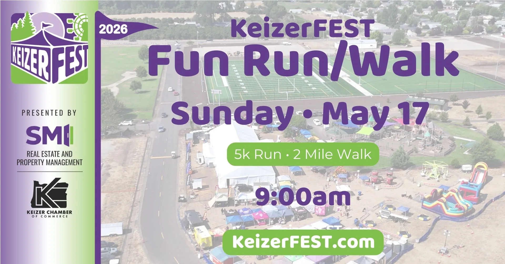 Keizerfest 2026 - Fun Run/Walk, Sunday May 17 - 5k Run, 2 mile walk - 9:00am - keizerfest.com - Graphic