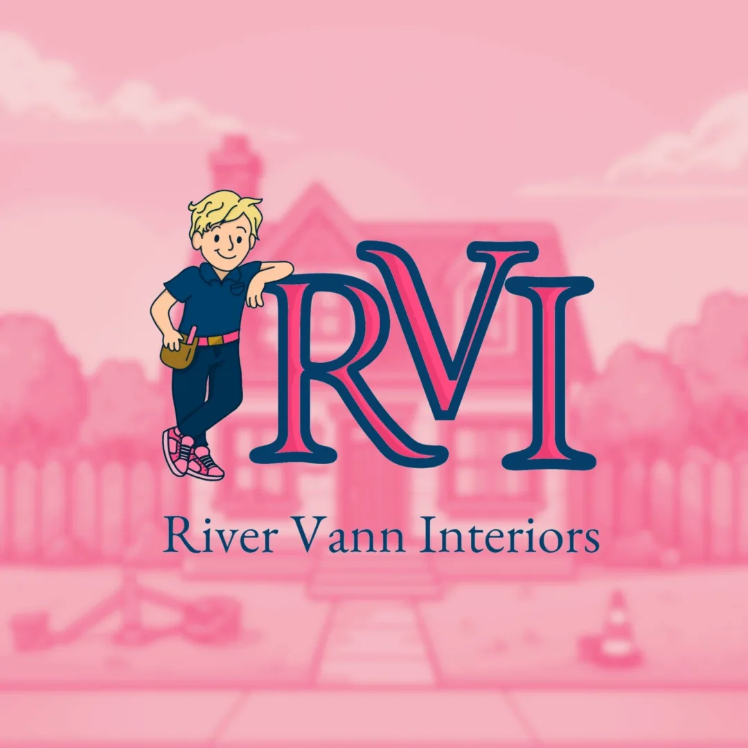 River Vann Interiors Logo - cartoon man leaning on Pink RVI with dark blue outline. River Vann Interiors below in blue - background is small home with fence and yard